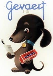 a poster of a dog holding a box of red and blue film